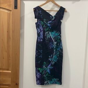 Black Halo Jackie O Navy Watercolor Floral Print  V-Neck Sheath Midi Dress.